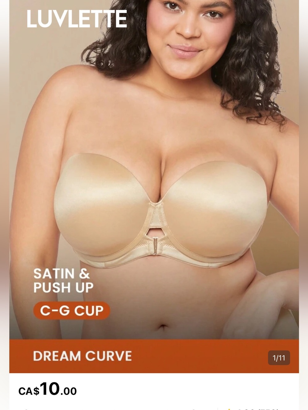 BNWT Luvlette dream curve satin push up strapless bra nude color size 90D/40D
